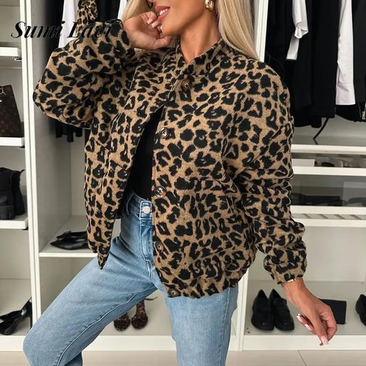 Women Casual Long Sleeve Pocket Elegant Stand Neck Single-breasted Fashion Leopard Printed Loose Short Jacket.  S-2X