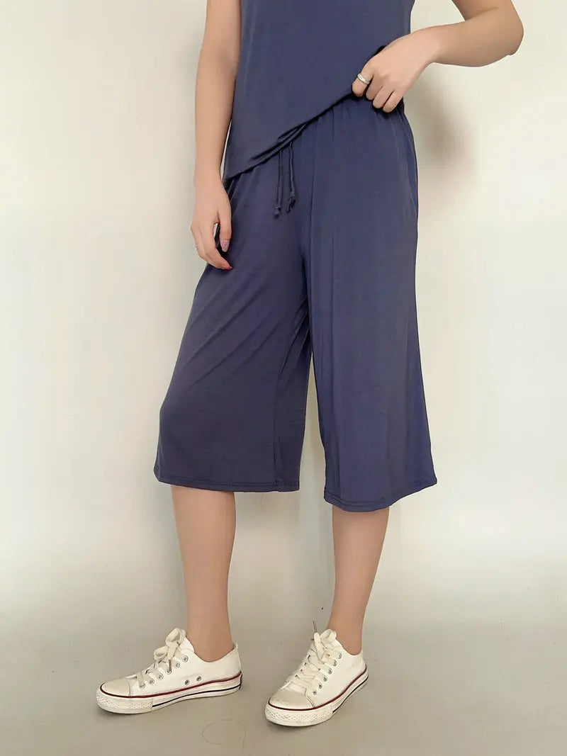 Plus Size Capri Pants Women's Summer Loose Fit Wide Leg Elastic Waist Casual Wear