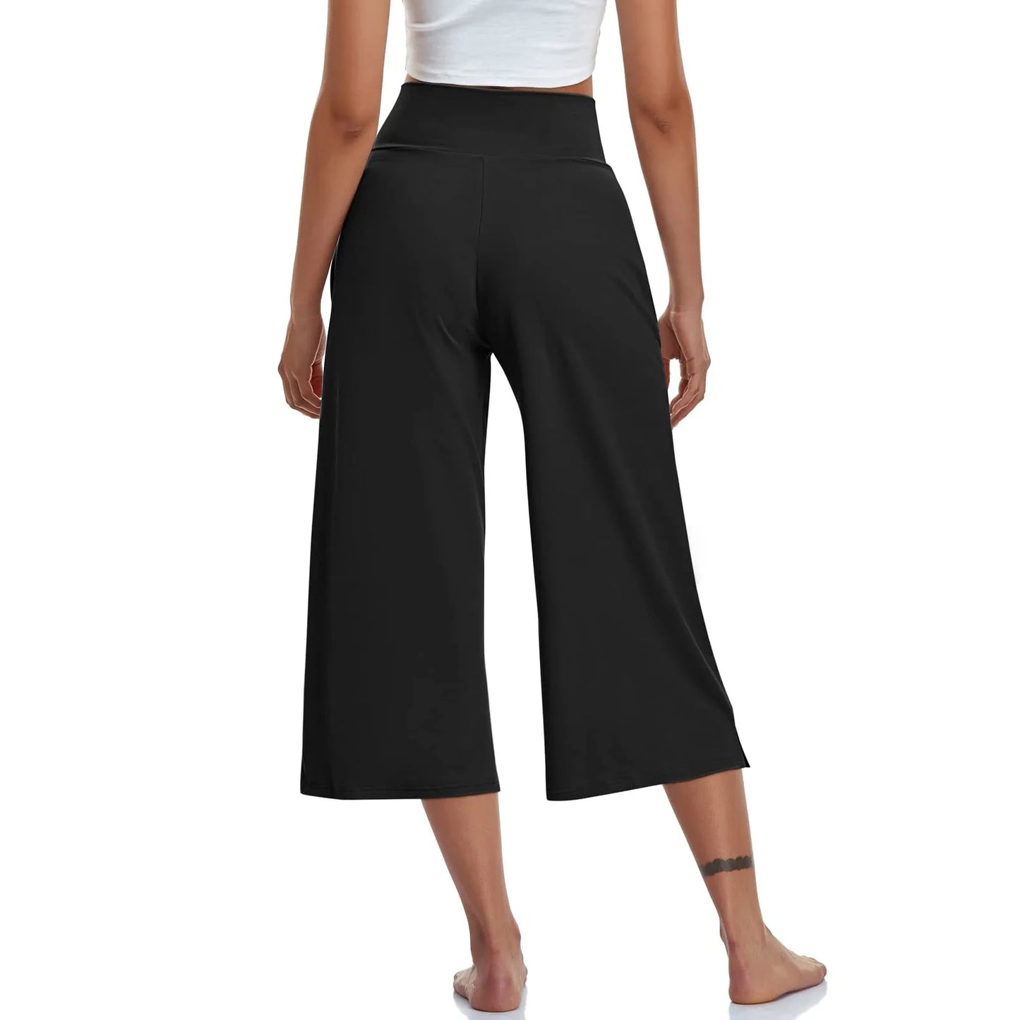 Spring and Summer Women Elastic High Waist 3/4 Pant Solid Casual Active Fit Wide Capri Leg Trousers With Pockets.  S-3X