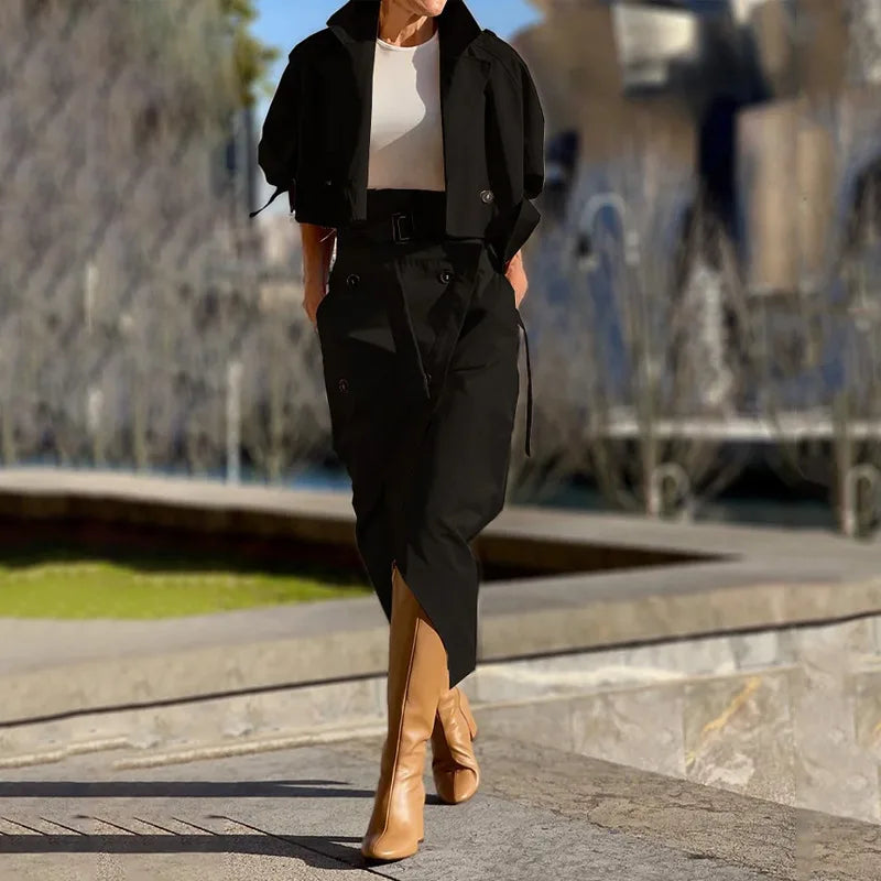 Women's Two-Piece Long-Sleeved Cardigan Turn-down Collar, High Waist Split Skirt Slim Fit.  S-xxL