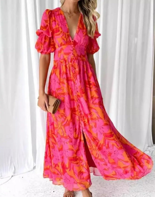 Bohemian Vacation Style Women's V-Neck Short Sleeved High Waist Slit Flower Print Casual Long Dress.  S-3X