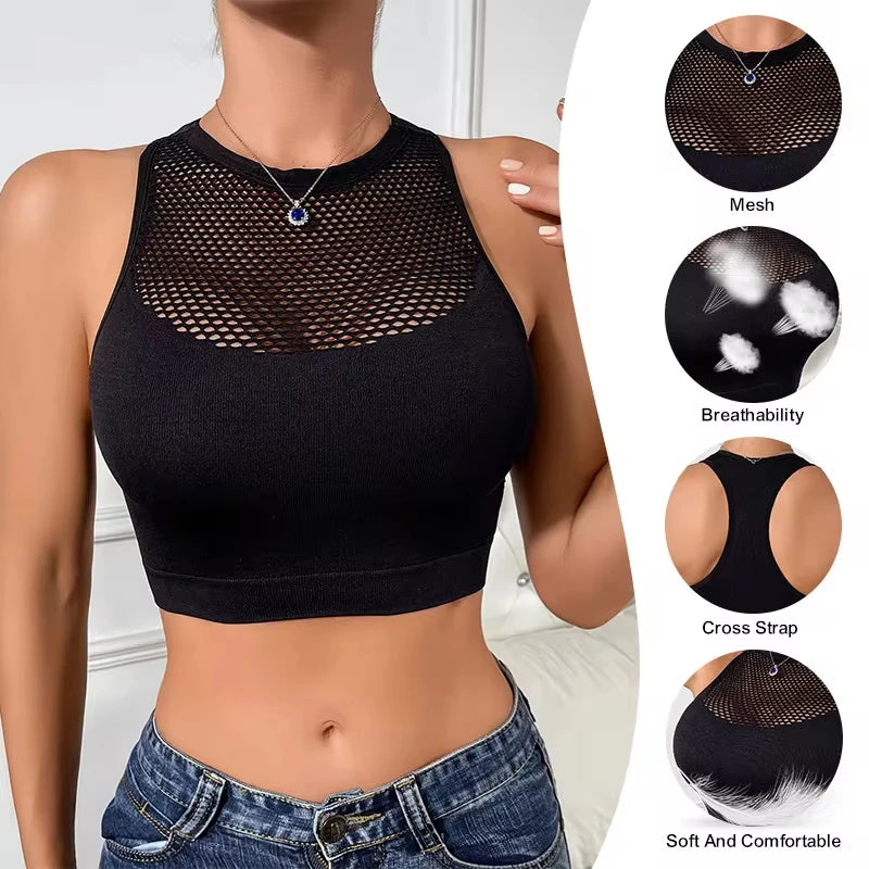 Women Sexy Tank Top Fishnet Hollow Out Sports Off Shoulder Crop Top Stretch Comfortable Casual Tank