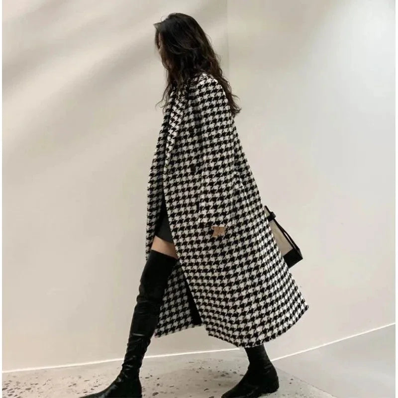 Women Autumn Winter Woolen Coat 2025 New Women Double Breasted Hounds Tooth Mid-Length Woolen Coat .   S-3X