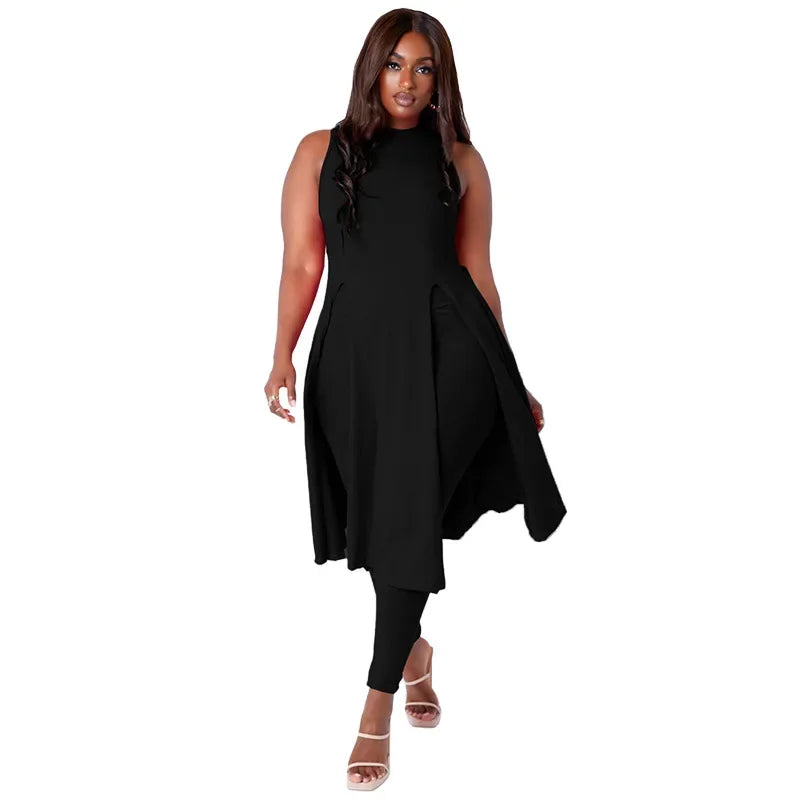 Elegant Plus Size Women's Set Split Hem Long Tank Top and Leggings Two 2 Piece Set