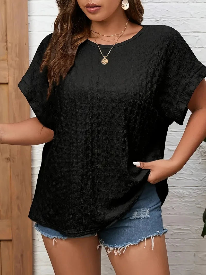 Plus Size Womens Casual Crew Neck Short Sleeve Solid Color T-Shirt - Soft Slight Stretch Polyester Fabric, Spring/Summer/Fall