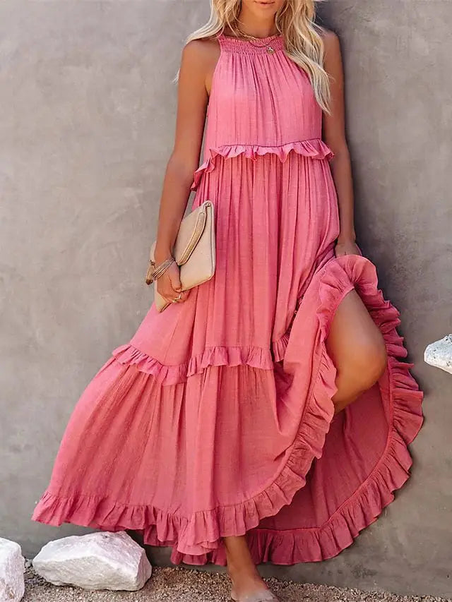 Women's Spring Summer New Collection Solid Colour Fashionable Ruffle Edge Long Dress.  S-xxL
