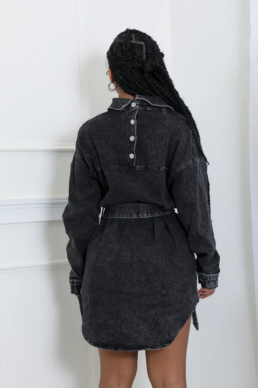 2025 new denim lapel long sleeved single breasted slim fit lace up fashion mid length black denim jacket/ top.  S-2X