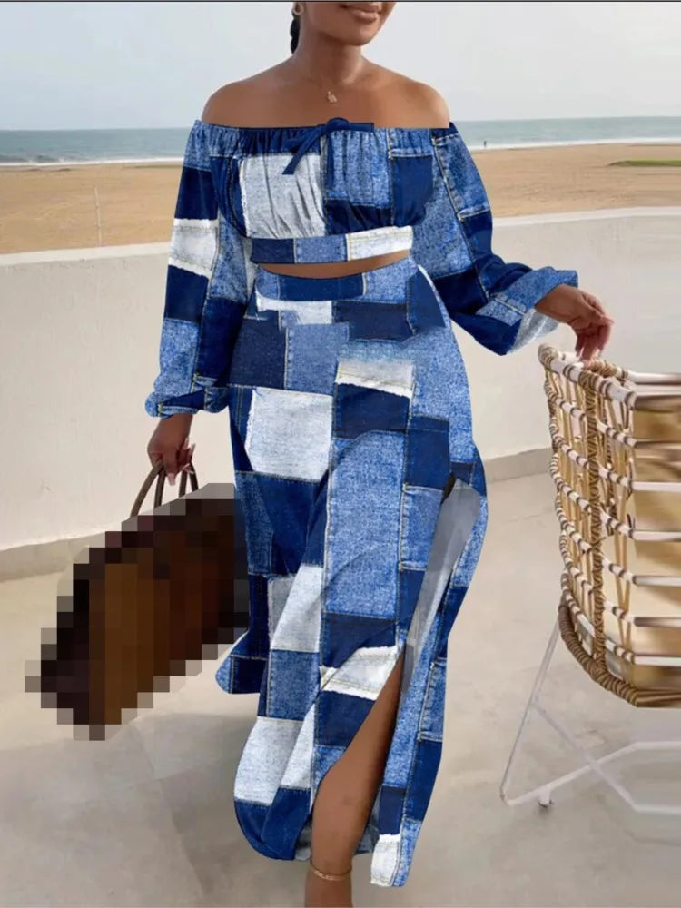 Casual Off Shoulder Sexy Slit Printed Loose Long Skirt Two Piece Set For Women Vacation Summer Outfit.  S-3X