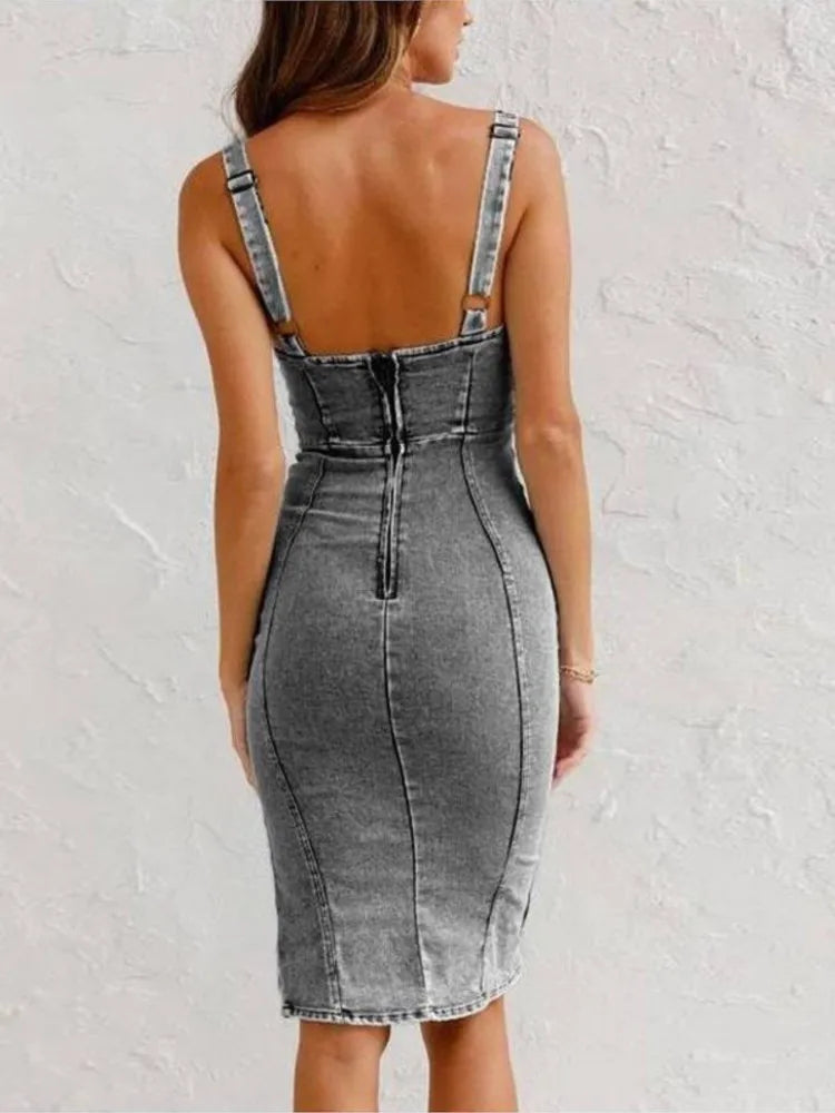 Summer New U Neck Halter Denim Fashion Slim Fit Hip Retro Sexy Split Denim Dress.  S-xxL