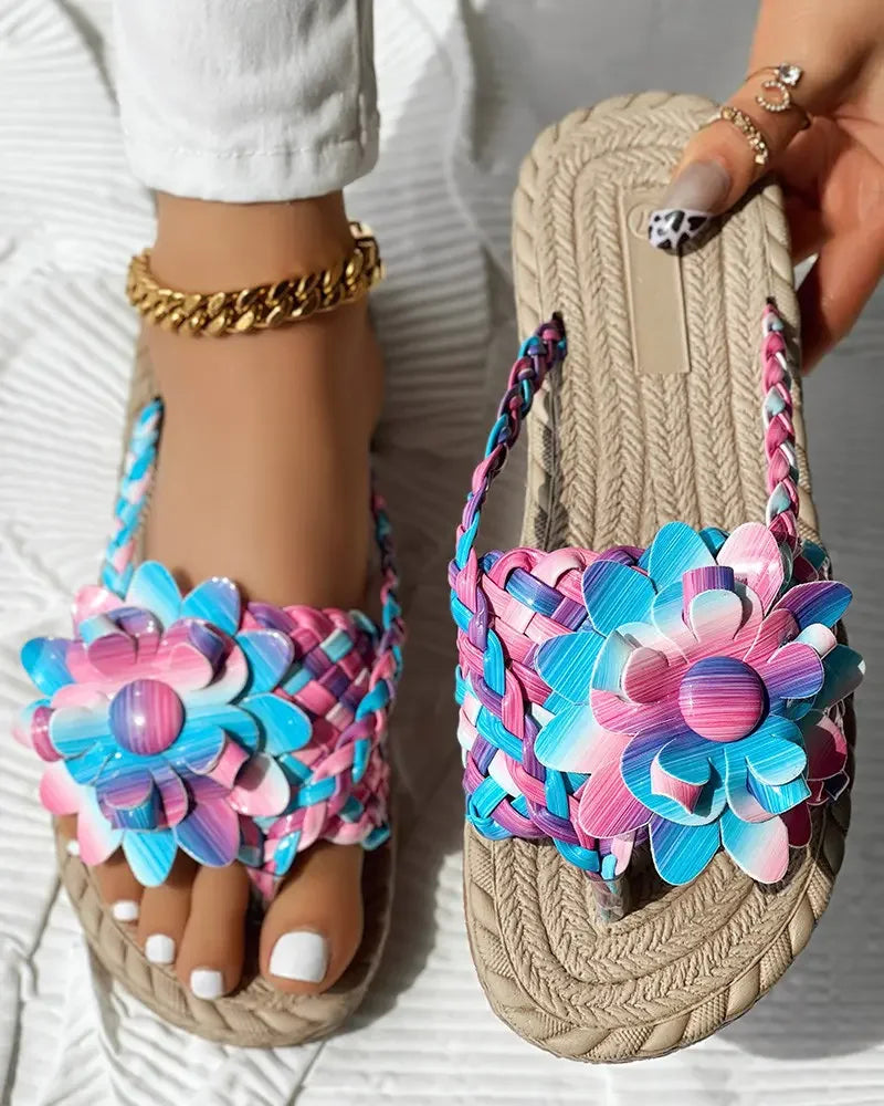 Women Solid Or Ombre Pattern Braided Casual Sandal Holographic Braided Floral Pattern