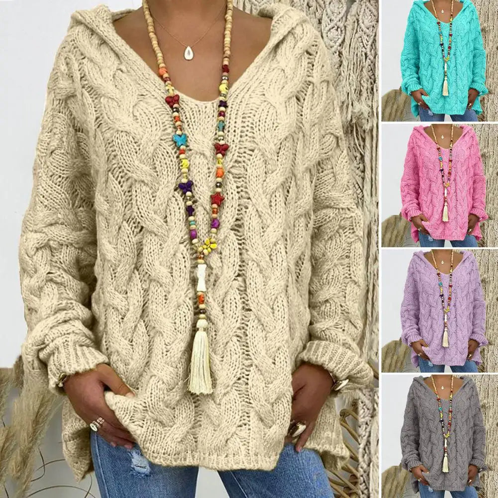 Hooded V-Neck Long Sleeves Twist Knitted Solid Colour Loose Sweater.  S-3x