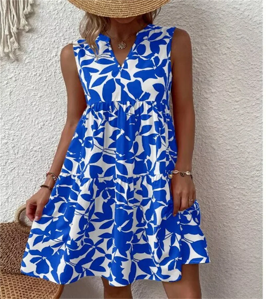 Spring and summer European Ladies Elegant Dress Bohemian fashion loose V-neck ruffle print dress.  S-2X