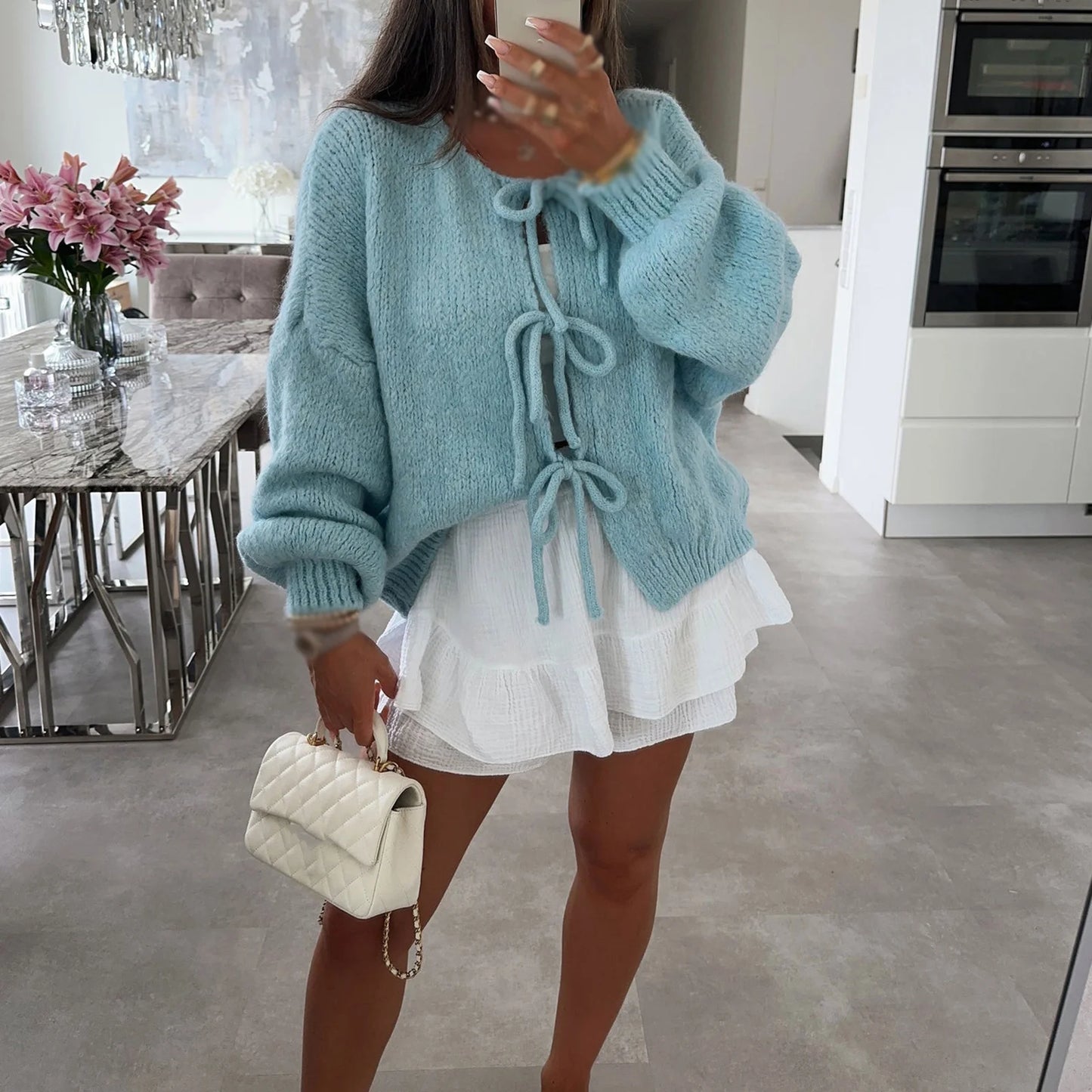 Knitwear Lace-Up Hollow Out Cardigan Fashion.