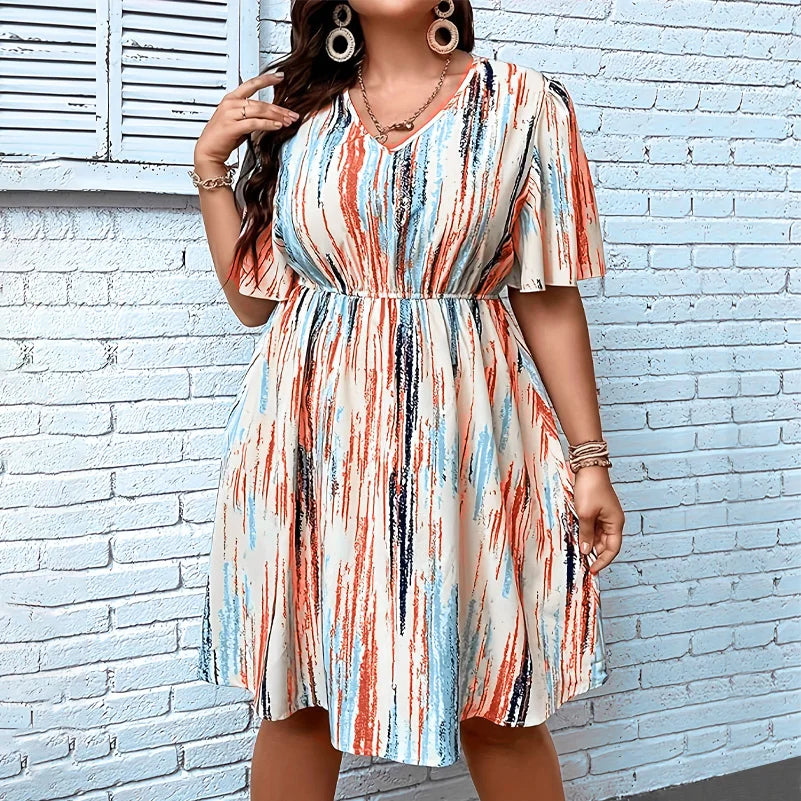 Plus Size Dress, Printed V-Neck Short-Sleeved Loose Fit, Elastic Waist, Casual Style Dress.  1X-5X