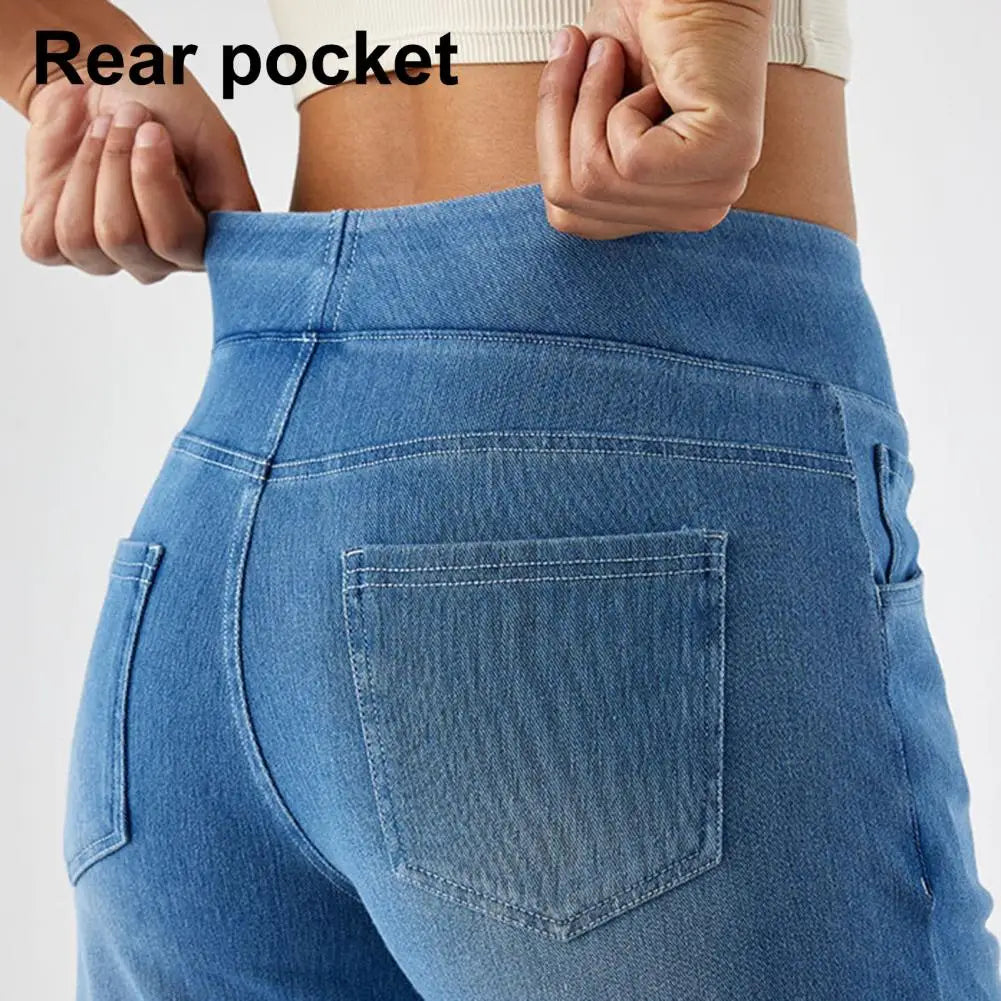 Women's High Waist Wide Leg Jeans - Elastic Waist Denim Pants with Pockets.  XS-XL