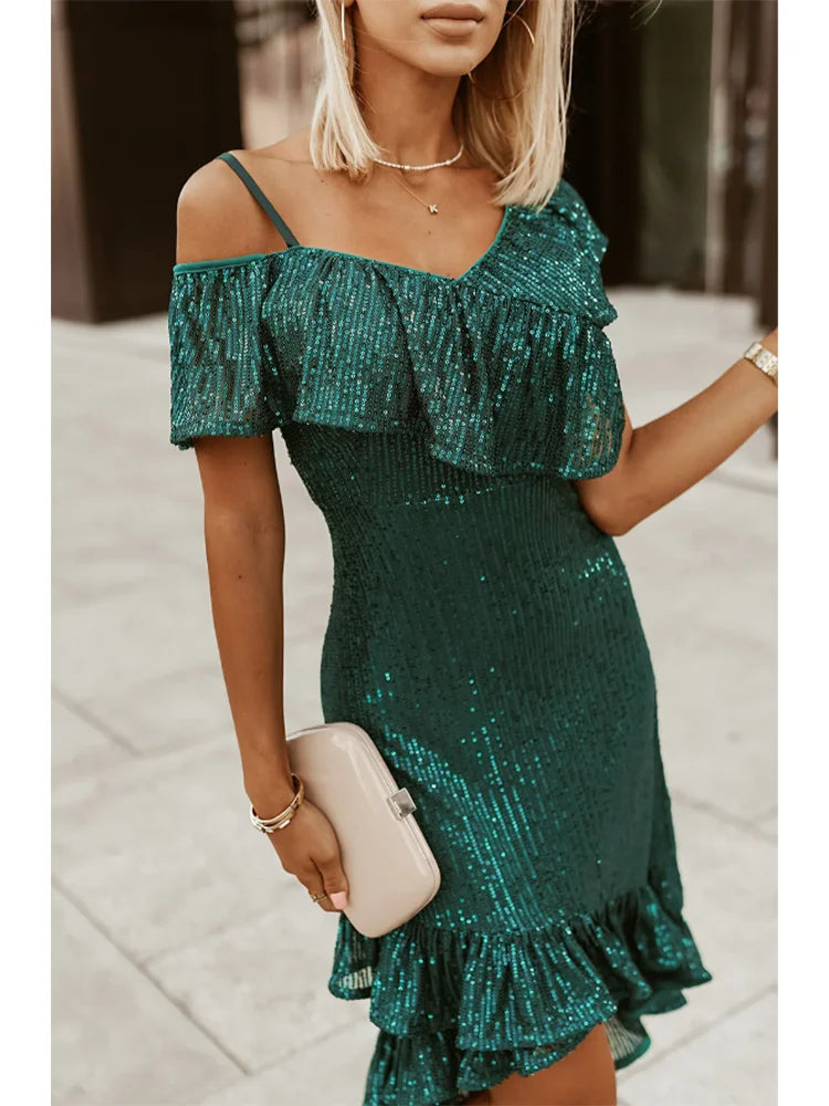 Plus Size Women's Slim Fit Green Off Shoulder Sequin Dress Ruffle Irregular Hem Summer Sexy Party Dress.
