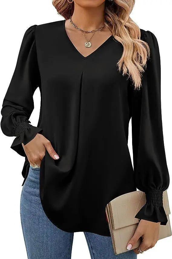 Women's Solid Colour Chiffon Shirt V-neck Long Sleeved Top Elegant Loose Blouse.  S-2X