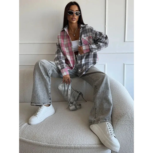 Plus Size Color Block Plaid Shirt - Contrast Notch Collar Blouse