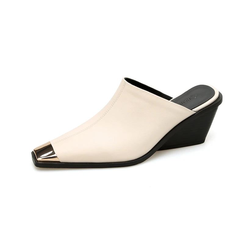 Women's New Summer Metal Headed Genuine Leather Cowhide Large Square Headed Retro Muller Slip on Shoe