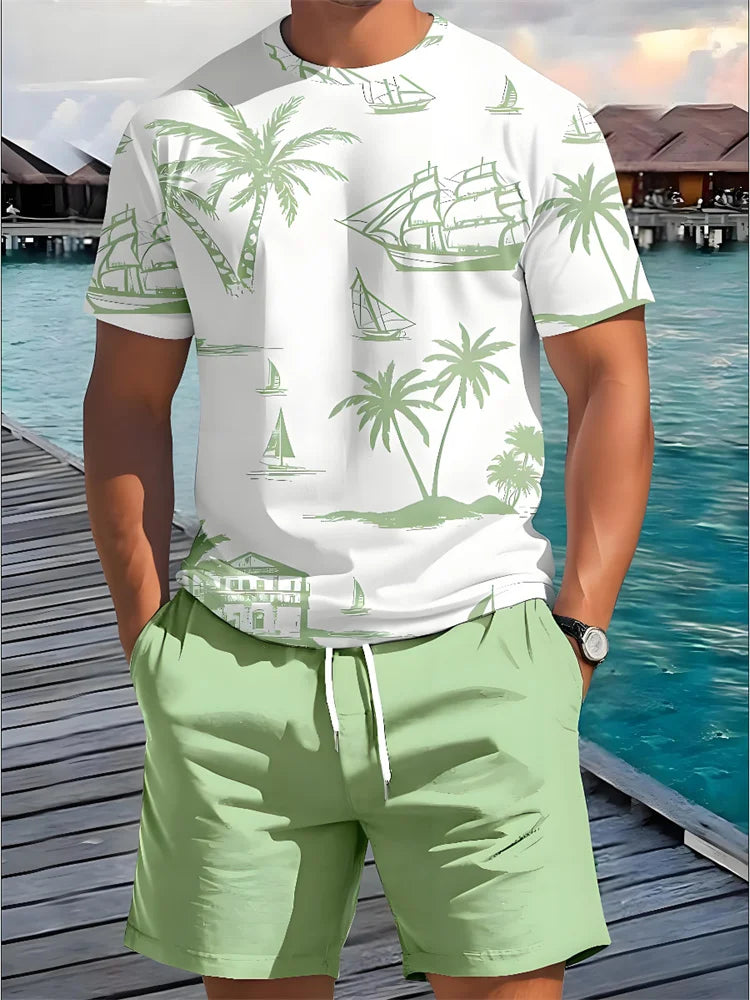 Summer 2 Piece Casual Everyday Men's Short Sleeve Shorts Set Hawaiian Print Men's Beach Shorts Sets.  XS-6X