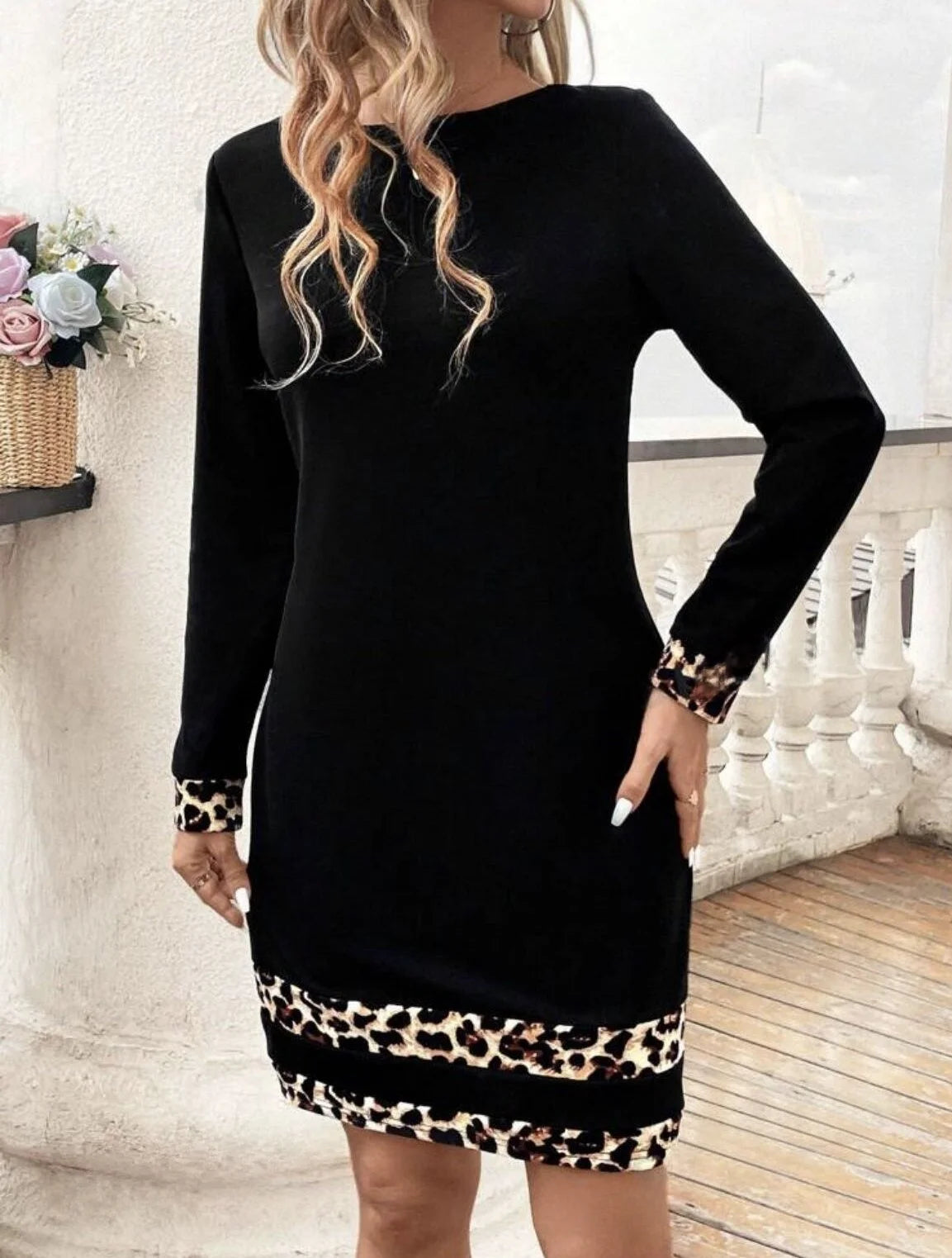 Women's long-sleeved leopard print spliced dress.  S-XL