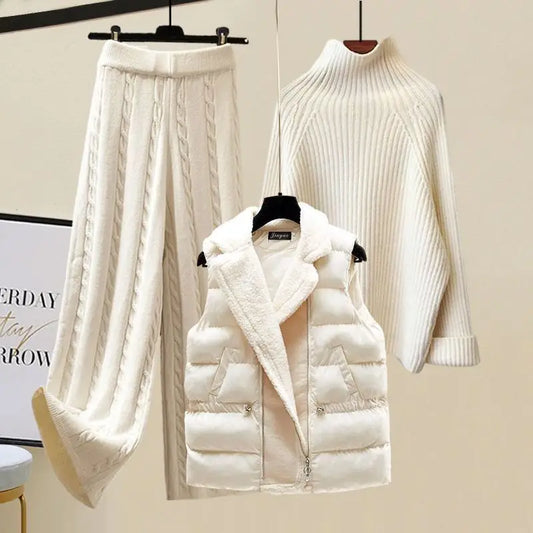 Ladies Warm Knitwear Set Elegant Turtleneck Sweater+Lamb Padded Vest+Twist Knitted Pants.