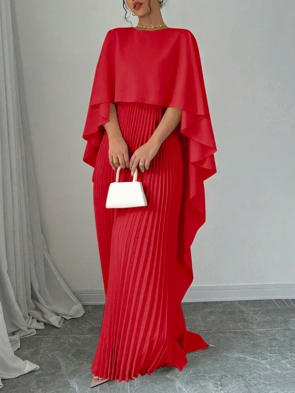 New Female Stylish High-Low Party Evening Maxi Dress Spring Autumn Cape Sleeves Solid Color Pleated Long Dress.  S-2X