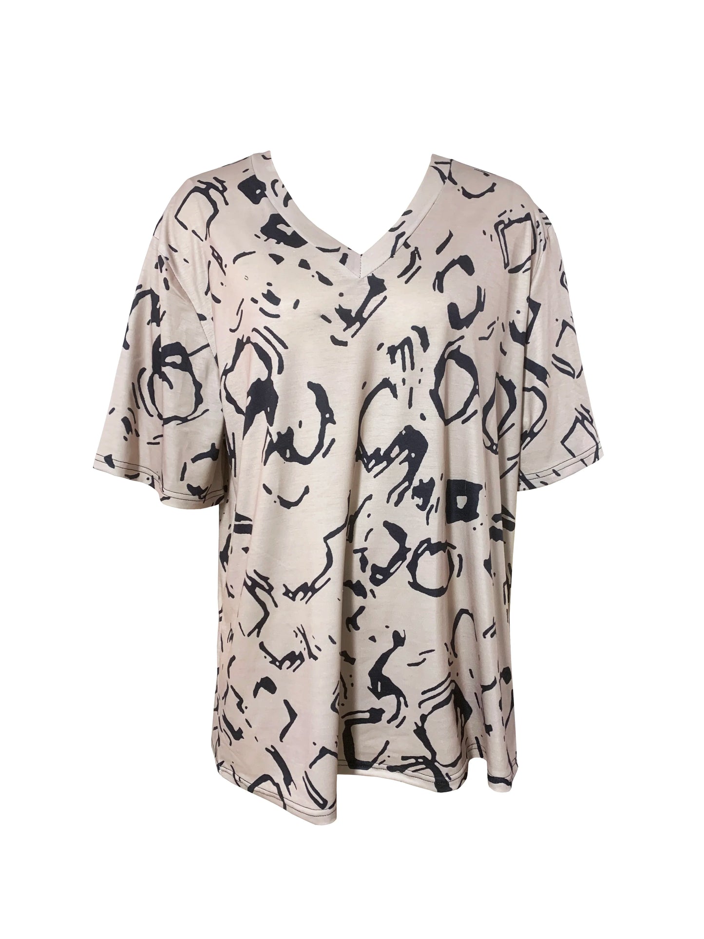 Plus Size Short Sleeve V Neck Allover Print, Casual Top