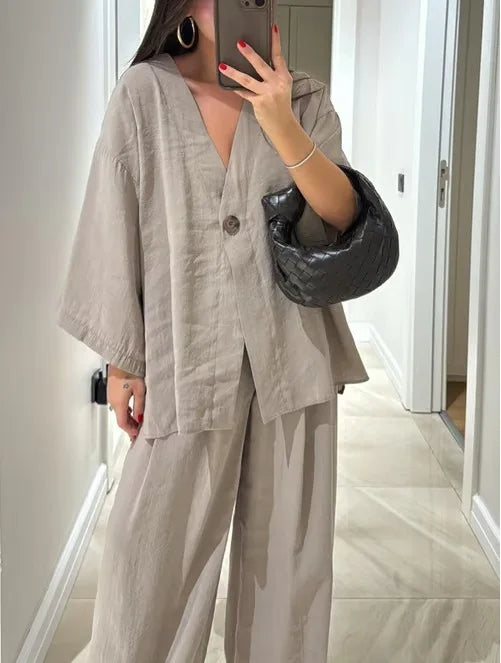 Spring Summer Fashion Cotton Blend Two Piece Set Causal Loose Top Wide Leg Pants 2 Piece Outfit.  S-3X