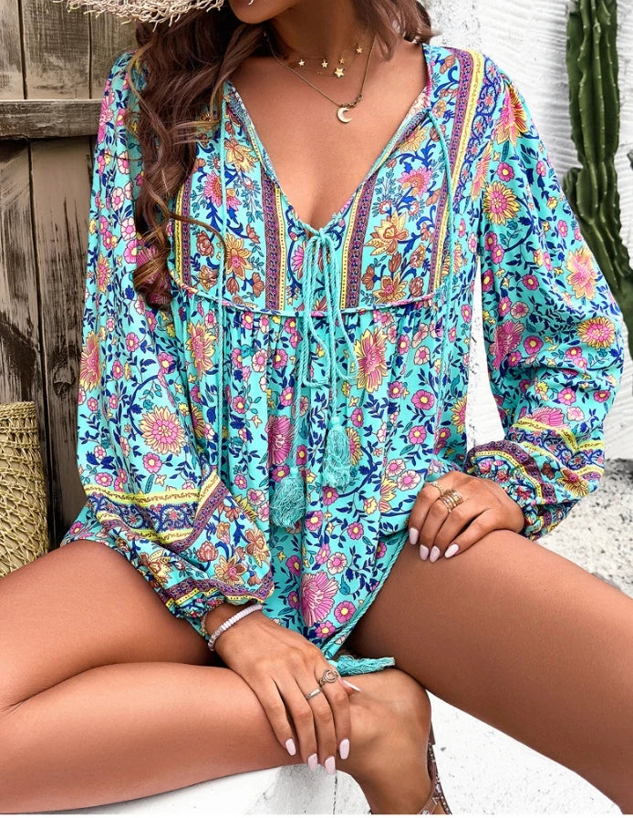 Summer Women's Blouse Casual Bohemian Printed Long Sleeve Loose Fit Shirt