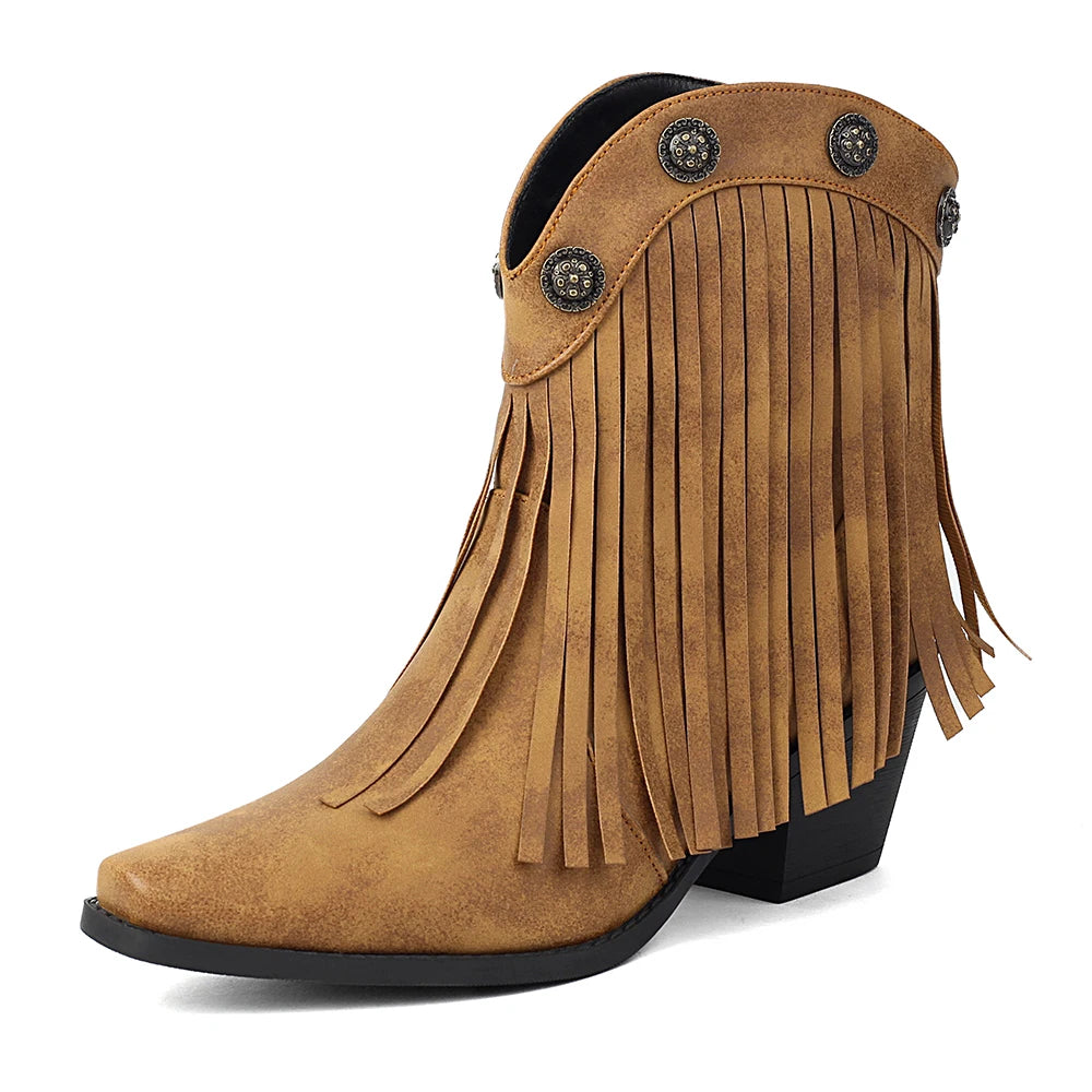 Cowboy Short Boot For Women PU New Tassel Chunky Heel Western Fashion Slip-on  Boots