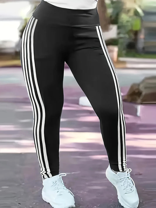 Women 1XL-5XL Plus Size Fashion Striped Leggings Casual Slim Sports Pants