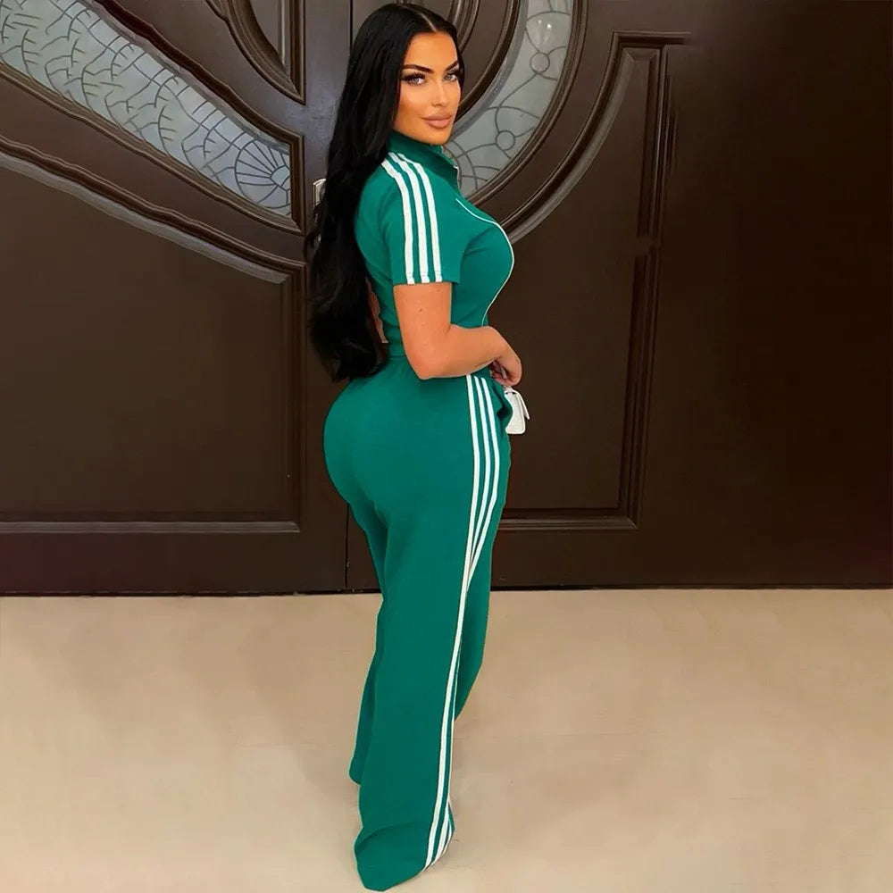 Fashion Casual Short Hoodie 2 Piece Women Short Sleeved Sport Shirt Stripe Splicing Long Pant Suit.  S-2X