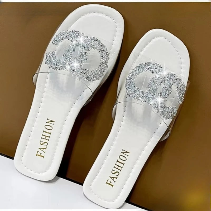Women 2025 Hot Sale Slippers Flat Heel Soft Bottom Transparent Fashion Crystal Sandals Daily Commute All-match Shoes For Women