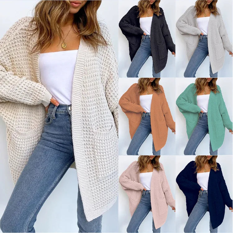 Women's Open Front Cardigan Sweater - Cozy Knitted Jacket with Pockets