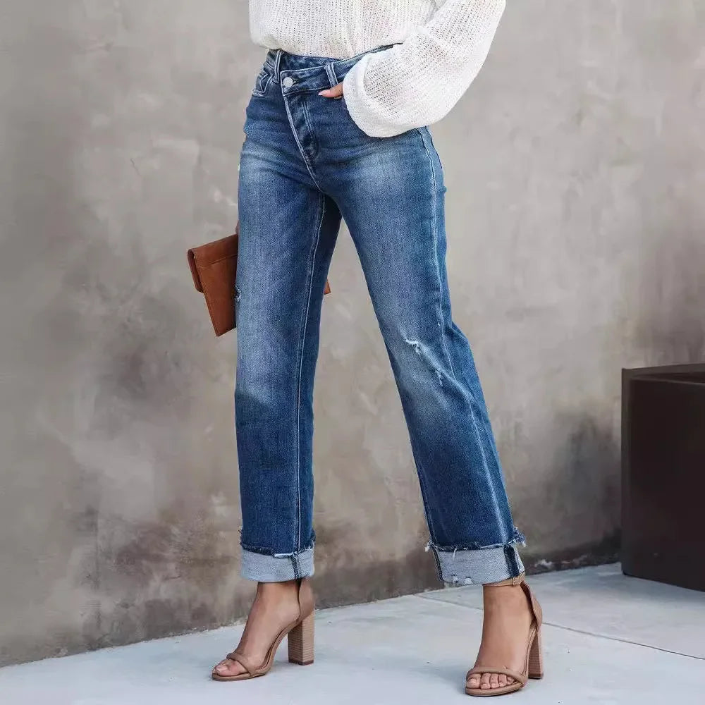Women Straight Ripped Ankle Length Denim Jeans High Waist Pocket Button Pants.  S-XL