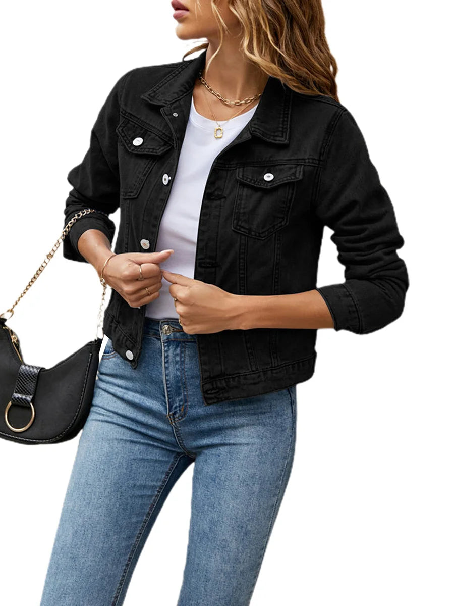 Denim Jacket For Women Solid Colour Casual Long Sleeve Button Down Chest Pocket Jean Jacket.   S-2x