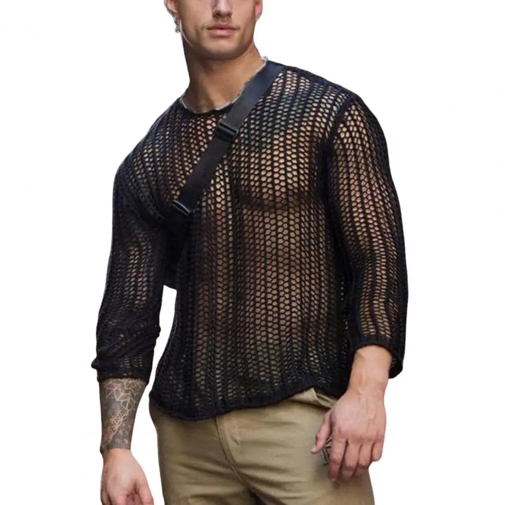 Men's Sexy Mesh Long Sleeve Round Neck Top