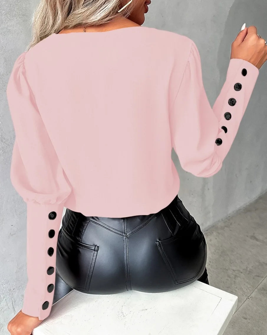 Elegant Women's 2025 New Fashion V-neck Contrasting Loose Long Sleeved Button Women's Shirt.  S-2X