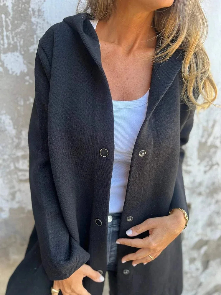 Women solid button hooded pocket jacket casual loose jackets great for fall outerwear fall .  S-2X