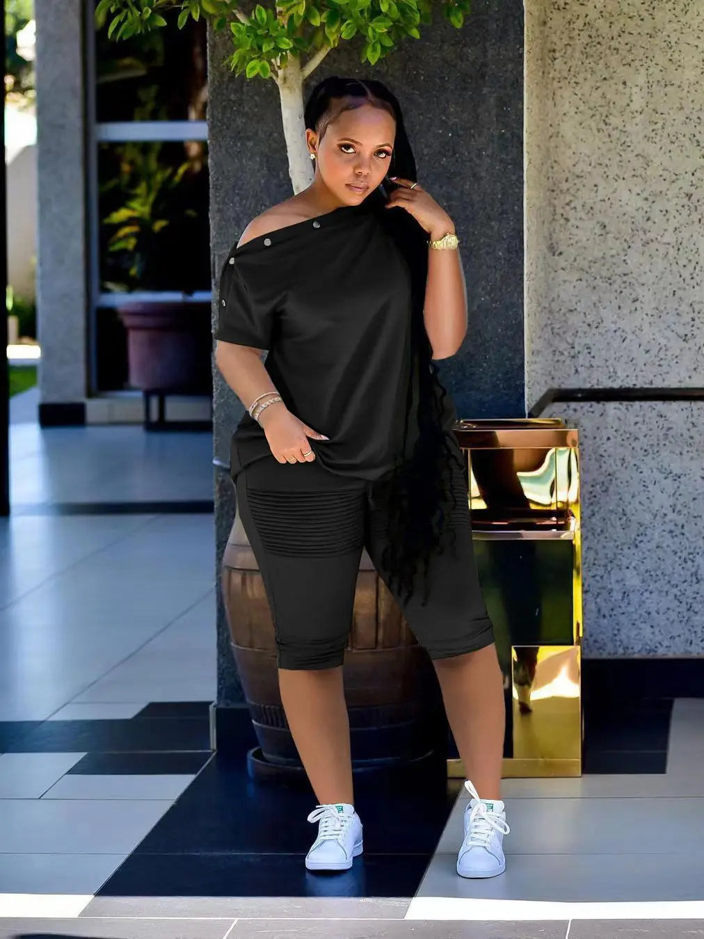 New Sporty Elegant Two 2 Piece Set for Women Button Neck Tee Top and Knee Length Pants Matching Set .  S-2X