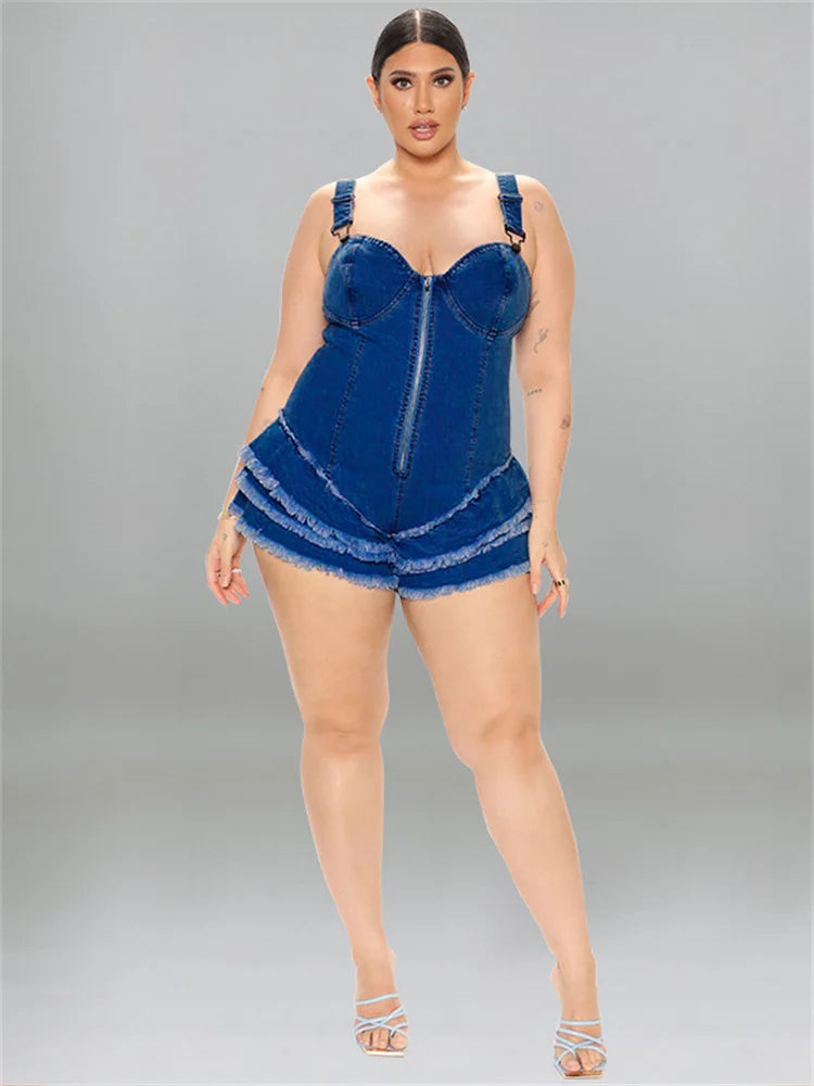 Plus Size Denim Jumpsuit Summer Sexy Slip Zipper Up Fit Romper