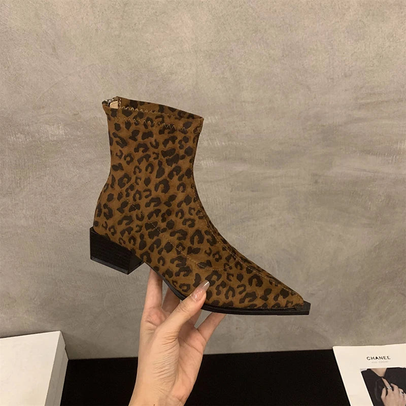 Designer Leopard Women Ankle Boots Fashion Pointed Toe Short Booties Ladies Concise Square Heels Shoes