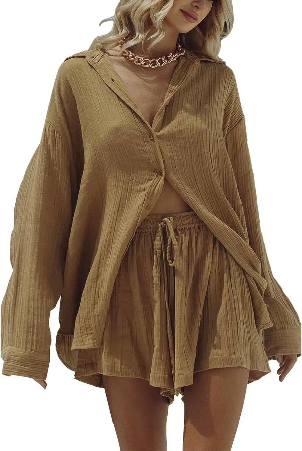 Ladies Shirt And Short Two Piece Set, Fashion Solid Long Sleeve Shirt Casual Loose Shorts.