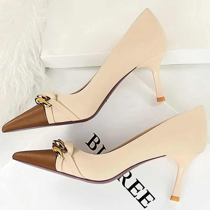 Western Style Women Shoes 7cm Thin Heel Mixed Colors Pointed Toe Metal Chain Decoration Fashion Pumps
