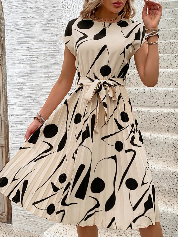 Summer Europe hot selling pleated round neck flare dress.