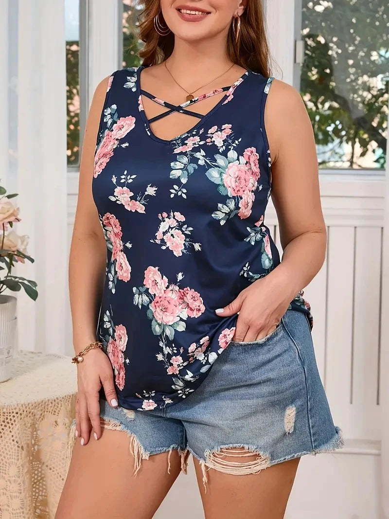 Plus Size Floral Print V-Neck Vest Tank, Soft Slight Stretch Polyester Fabric, Cross Front Detail.