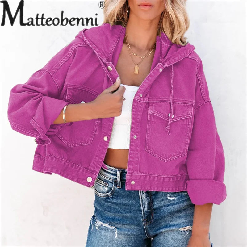 Hooded Denim Women Loose Long Sleeve Single-breasted Denim Short Jacket.  S-XL