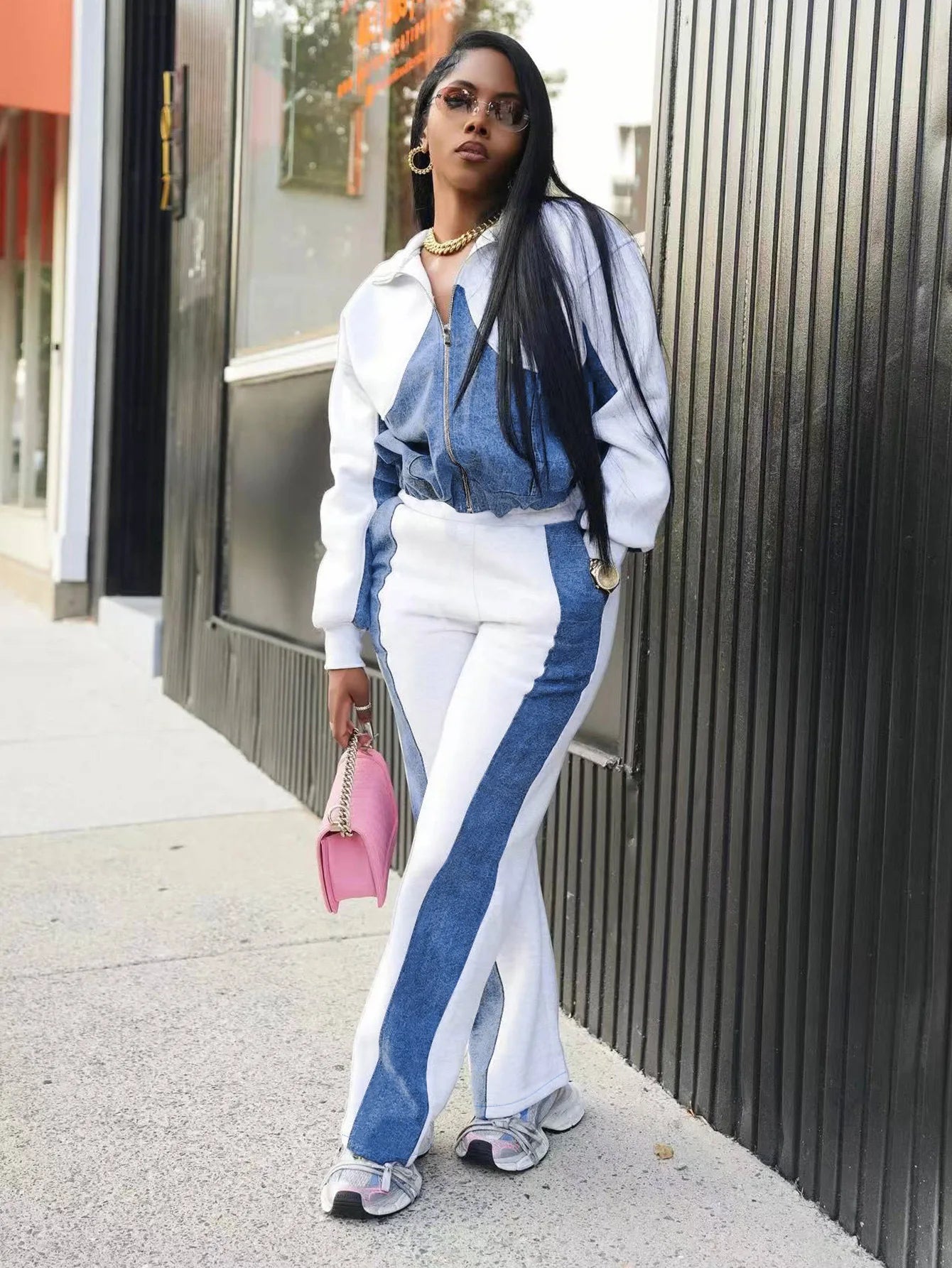 Women Two Piece Denim Matching Zip Up Jacket & Long Pants High Elastic Waist Casual Tracksuit.  S-2XL