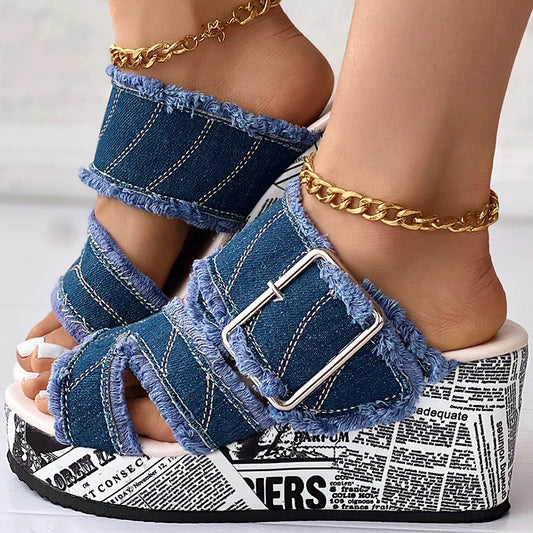Women Casual Fashion Daily Wear Summer Buckled Denim Wedge Sandals